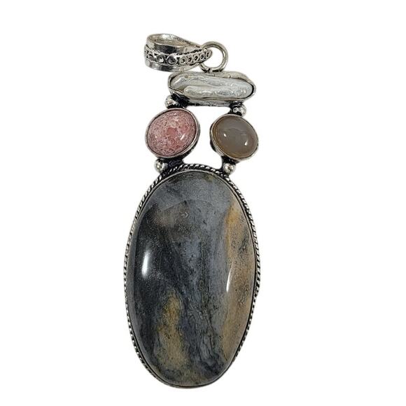 Handmade Silver Pendant with Picasso Jasper, Moonstone, Druzy & Pearl Accents - Picture 1 of 10